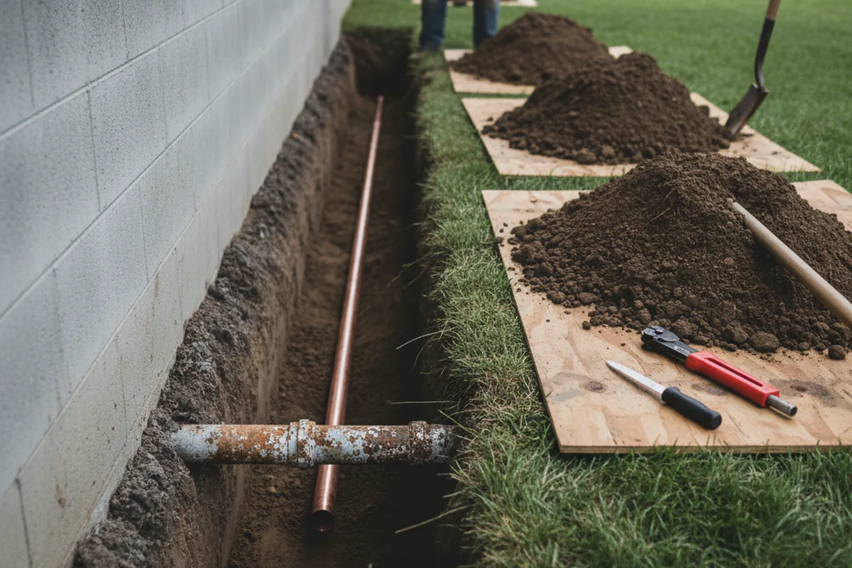 Excavated water line trench during Water Softener Installation in Moores Hill